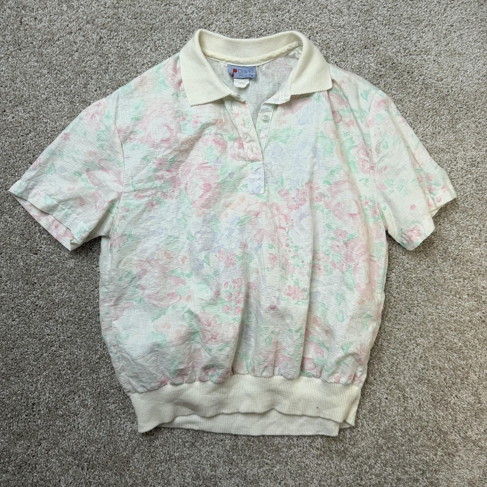 Vintage David Peet Polo Shirt Womens Med Pastel Floral Banded Waist Short Sleeve